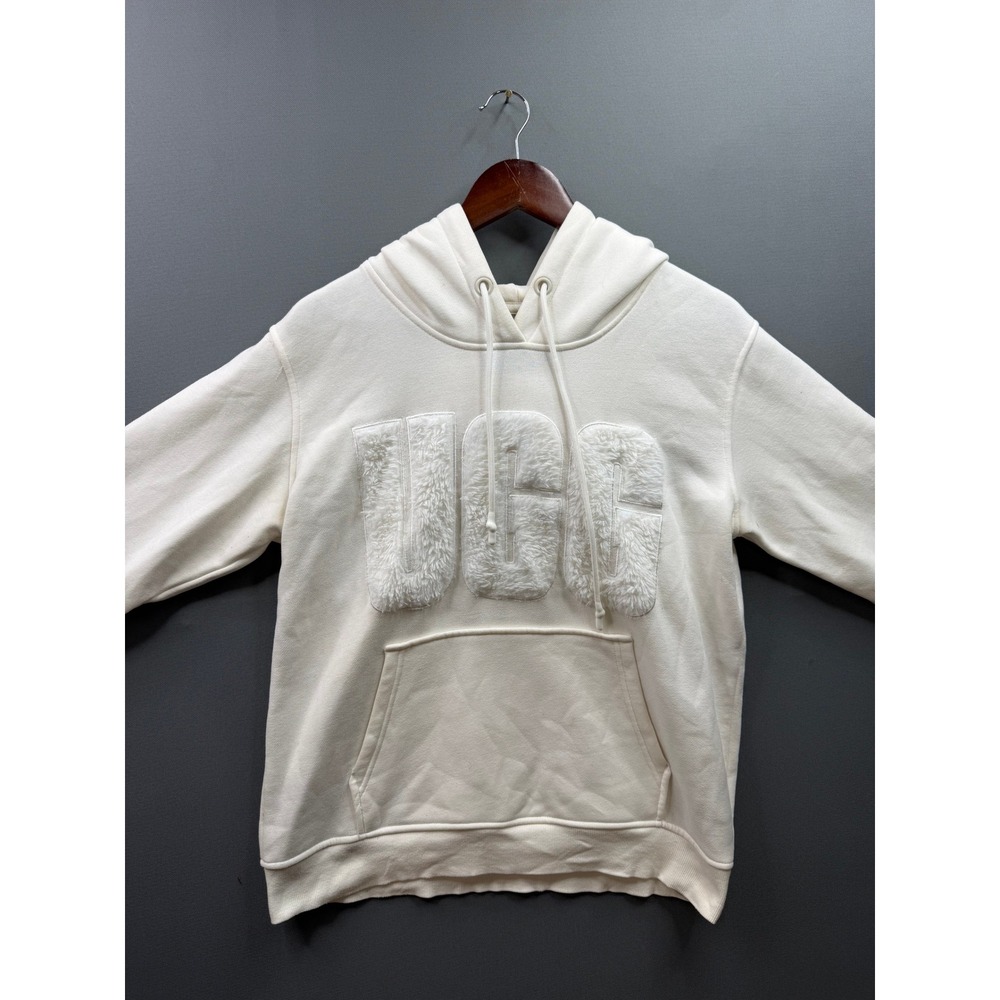 UGG Hoodie Women White Sherpa Logo Pullover Fleece Sweatshirt Medium - Picture 2 of 8